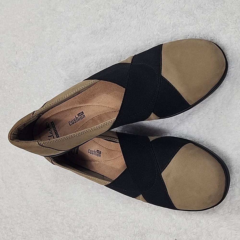 Clarks Medora Suede Jem Cross Strap Tan And Black Slip On Loafer - Picture 12 of 12